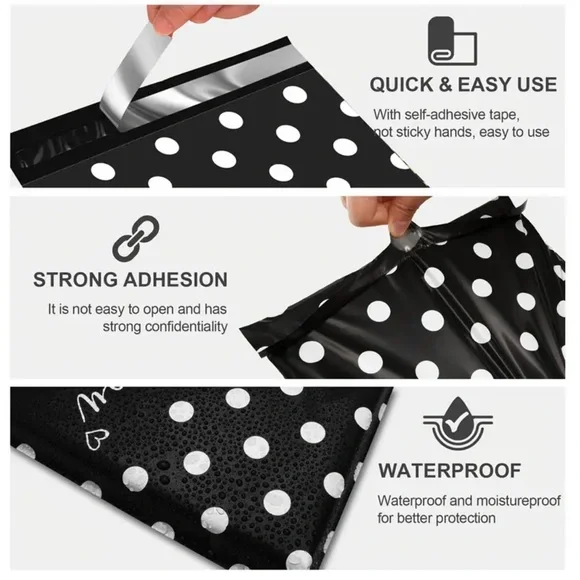 Set of 20 Polka Dot Black White ‘Thank You’ 10 x 13 Self Adhesive Poly Mailers - Picture 2 of 2